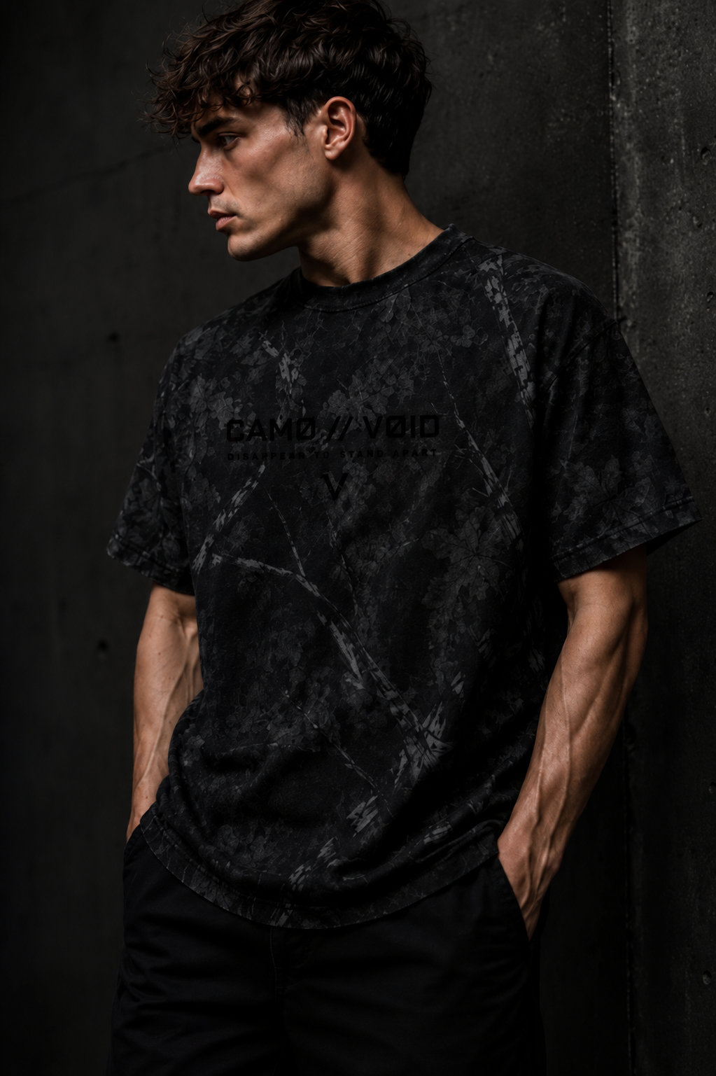 VOID TEE 001 — Black Woodland Camo