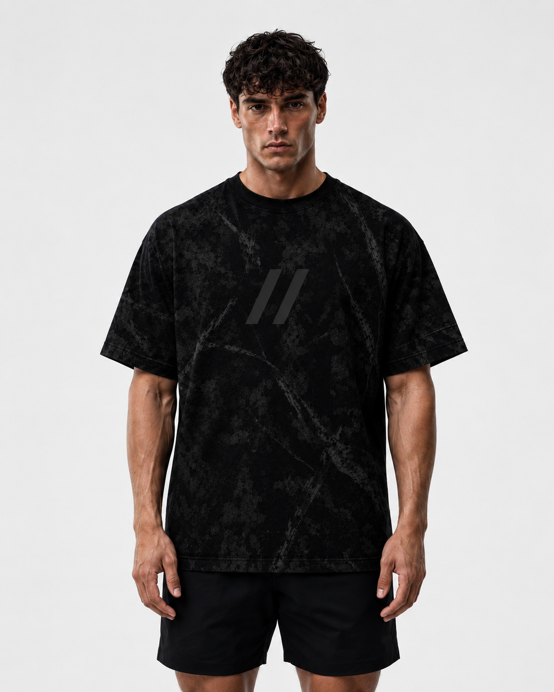 VOID TEE 001 — BLACK WOODLAND CAMO