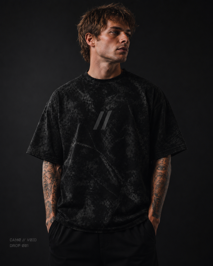 VOID TEE 001 — BLACK WOODLAND CAMO