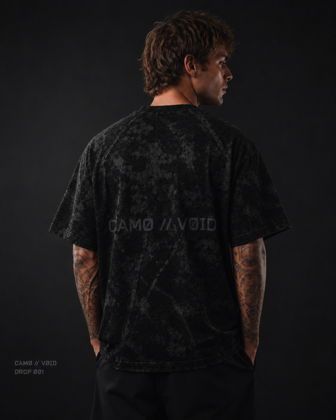 VOID TEE 001 — BLACK WOODLAND CAMO