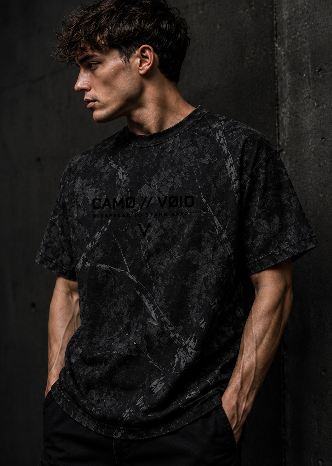 VOID TEE 001 — Black Woodland Camo