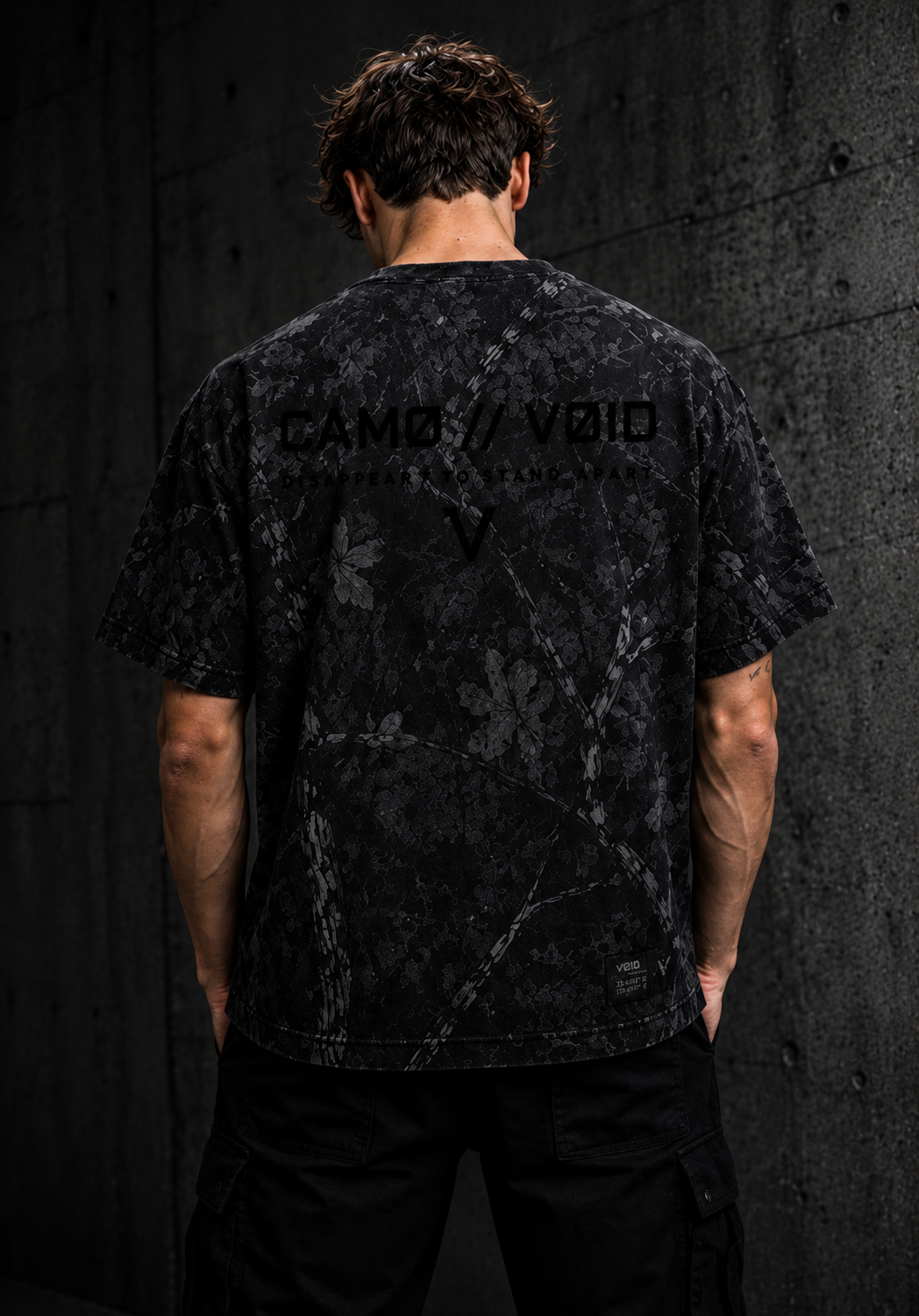 VOID TEE 001 — Black Woodland Camo