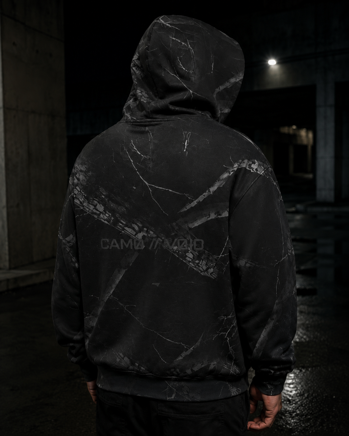 VOID HOODIE 001 — BLACK WOODLAND CAMO